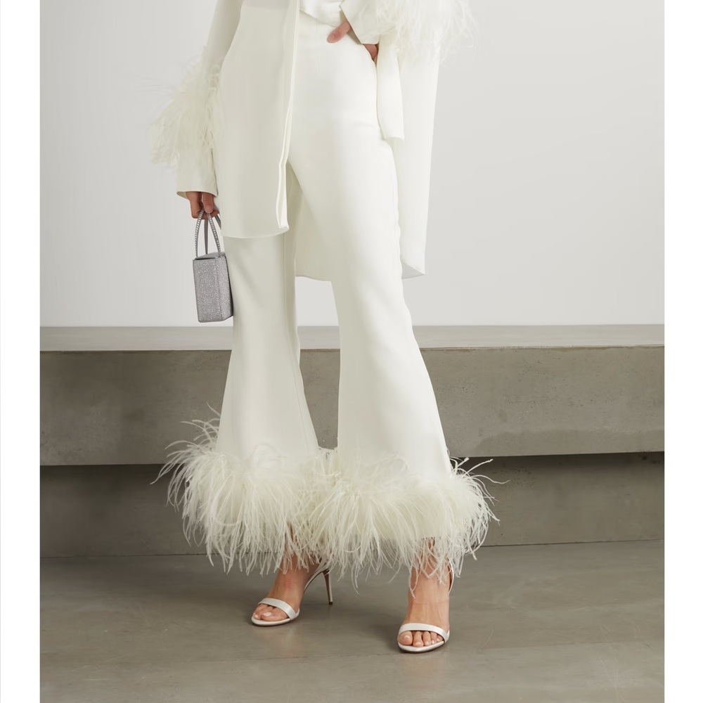 Chic White Feather-Trimmed Flare Pants